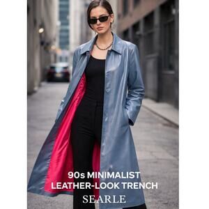Vintage 90s Searle Trench Coat Gray Blue Shiny Pink Lining USA 12 Minimalist